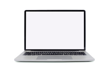 Front view of Open laptop computer. Modern thin edge slim design.  Blank white screen display for mockup and gray metal aluminum material body isolated on white background with clipping path.