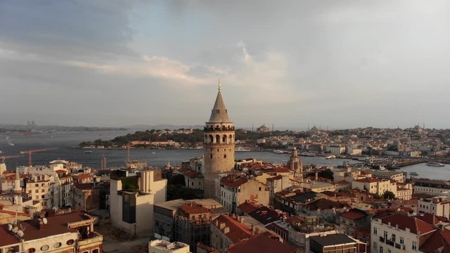 Istanbul Galata Tower and Golden Horn aerial view. Symbol of Istanbul.