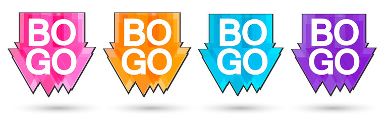 Set Buy 1 Get 1 Free tags, BOGO speech bubble banners design template, sale badge collection, vector illustration