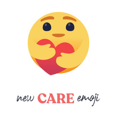 Care emoji with large big eyes hugging a heart with both hands. Symbol of care and support, show love for loved ones who are a long distance.