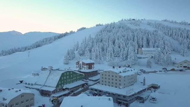 Uludag Mountain Ski Resort, Turkey. Aerial View of Hotel Buildings and Winter Landscape