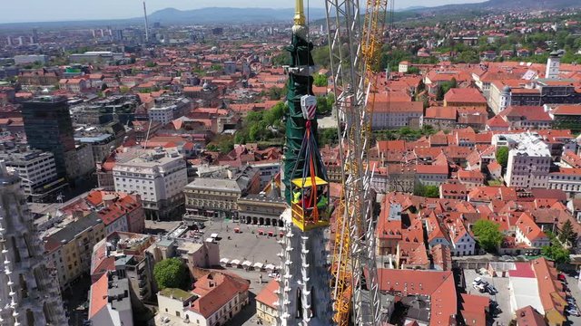Zagreb Cathedral North Tower, damaged in Earthquake, preparing for controlled demolition by alpinists - Aerial Drone View