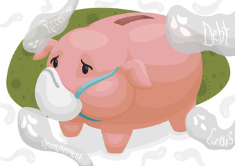 Worried Piggy Bank Haunted by Financial Crisis Ghosts, Vector Illustration