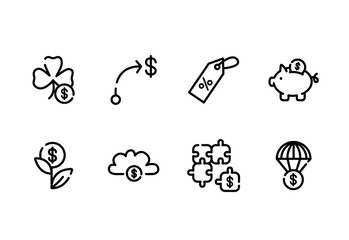 Business and finance outline icon set - money symbols isolated on white background - dollars, piggy bank, financial graph, banknotes, coins and different pictograms for business app, web site