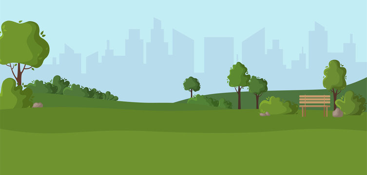 Cartoon scenery or green park - nature outdoor green place with trees, stones, bushes and lawn, city view on background, cute square in town - vector illustration for banner