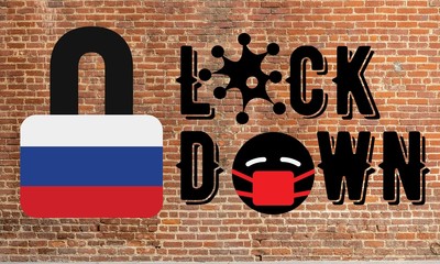 Russia Lockdown for quarantine. Coronavirus Outbreak Covid-19 Pandemic Crisis Emergency. Russia flag lockdown with brick wall background concept illustration

