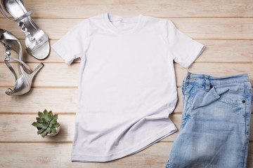 Women’s T-shirt mockup with silver heels sandals