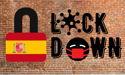 Spain Lockdown for quarantine. Coronavirus Outbreak Covid-19 Pandemic Crisis Emergency. Spain flag lockdown with brick wall background concept illustration
