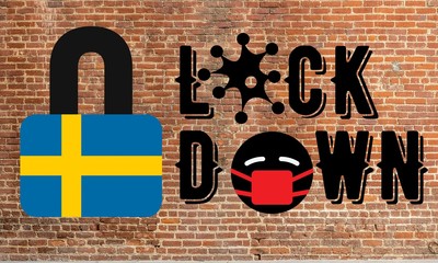 Sweden Lockdown for quarantine. Coronavirus Outbreak Covid-19 Pandemic Crisis Emergency. Sweden flag lockdown with brick wall background concept illustration