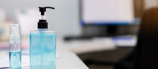 hand alcohol gel and spray sanitizer dispenser, against Novel coronavirus or Corona Virus Disease (Covid-19) at office or home . Antiseptic, Hygiene and Health concept