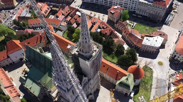 Zagreb Cathedral North Tower, damaged in Earthquake, preparing for controlled demolition by alpinists - Aerial Drone View