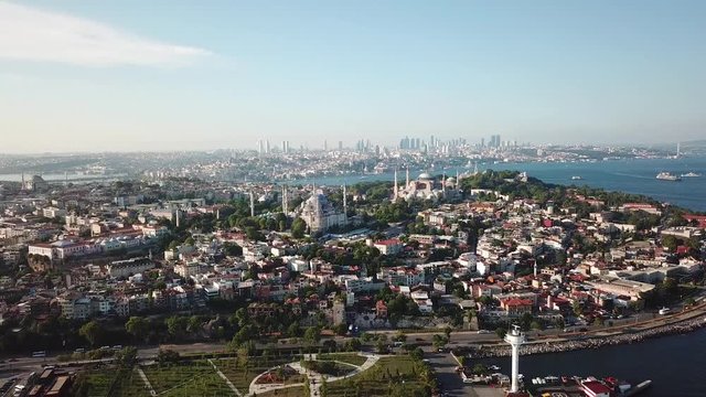 Istanbul Turkey Cityscape Aerial, Bopshorus, Golden Horn and Mosques, View From Marmara Sea Waterfront