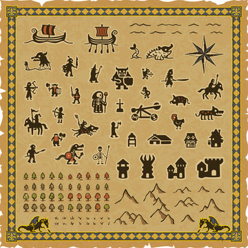 Vector set of medieval fantasy map icons, including buildings, ships, creatures, warriors, trees, mountains and various characters. Includes a parchment background with an ornate dragon frame.