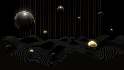 Black and Gold Abstract Wave Background,3D rendering.