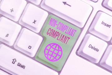 Conceptual hand writing showing Non Compliant Compliant. Concept meaning Resistant to the Rule in...