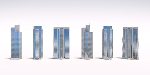 Set of different skyscraper buildings isolated on white. 3d illustration