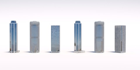 Set of different skyscraper buildings isolated on white. 3d illustration