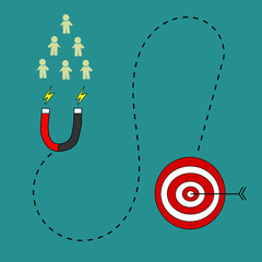 Concept of bullseye target with magnet attracting customers, customer retention.  Vector illustration
