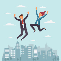 Young, happy business people jumping over the city. Successful, smiling man and woman celebrating victory
