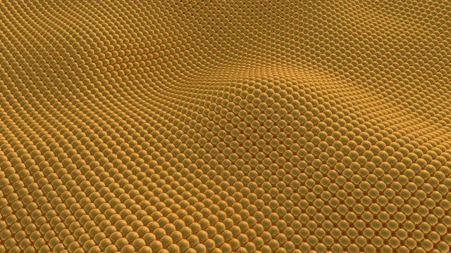Minimalist art deco rows of goden ball rippling background. Minimal gold pattern of sphere abstract wave animation. Geometric motion background. Seamless loop 3D Render of animation.