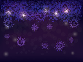 Fototapeta na wymiar Christmas background of many layers of snowflakes of different shapes, sizes and transparency. Gradient from purple to white