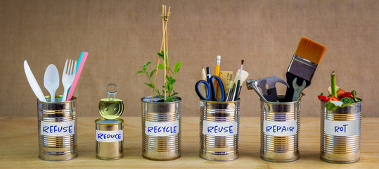 Zero Waste management, illustrated in 6 old tin cans with labels Refuse, reduce, recycle, repair, reuse, rot. Save money, eco lifestyle, sustainable living and zero waste concept