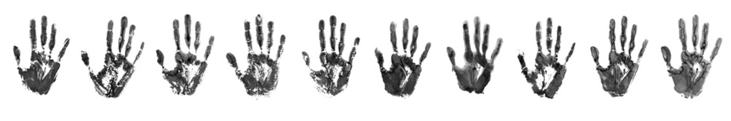 Human hands black print set white background isolated close up, handprint watercolor illustration collection, group of monochrome palm and fingers silhouette, hand shape painted stamp, drawing imprint