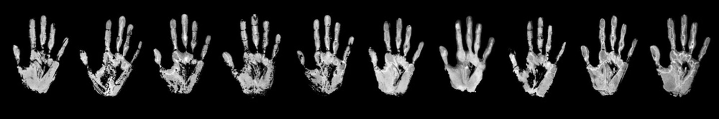 White print human hands set black background isolated close up, handprint watercolor illustration collection, group of monochrome palm and fingers silhouette, hand shape painted stamp, drawing imprint