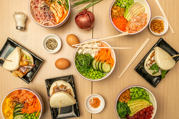 set of healthy food dishes