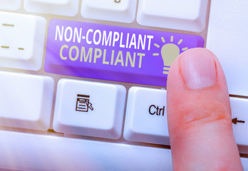 Text sign showing Non Compliant Compliant. Business photo text Resistant to the Rule in Accordance...