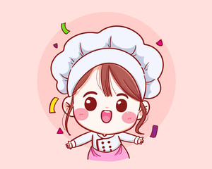 Obraz premium Cute chef girl Smiling in uniform welcome