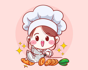 Female Chef cut carrot vegetable cooking in kitchen cartoon