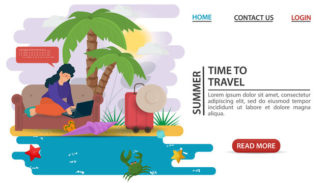 web page design concept summer vacation a girl with a laptop sitting on a sofa under palm trees on a sandy beach flat vector illustration cartoon