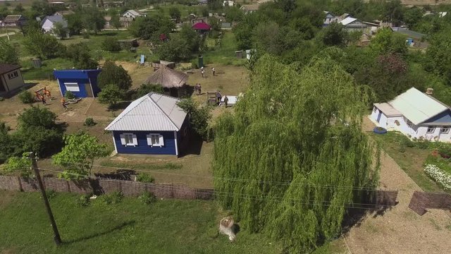 Aerial view of traditional russian country cabins houses izba in village