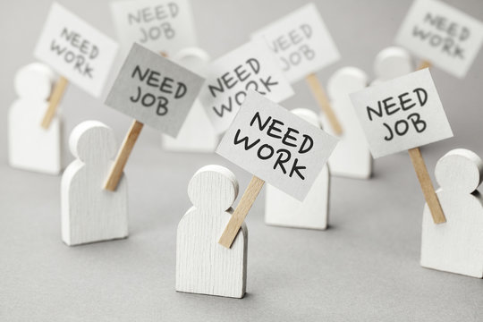 Need Work. Crowd Of Unemployed People With Posters On Gray Background