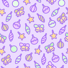Cute vector seamless pattern in delicate colors in the New Year theme. Christmas toys, decorations, balls, stars, bells with a bow. Random cute childish illustration for gift paper design.