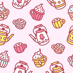 Tea party cute vector seamless pattern. Goodies, teapot with tea, mug with cappuccino, ice cream, coffee. Tender color illustration for the design of wrapping paper, gift box. Fun background. 