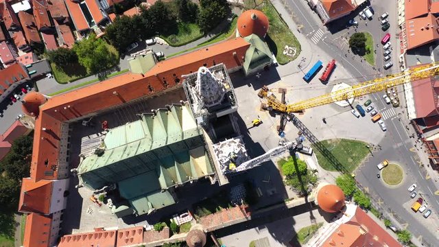 Zagreb Cathedral North Tower, damaged in Earthquake, preparing for controlled demolition by alpinists - Aerial Drone View