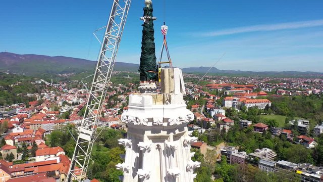 Zagreb Cathedral North Tower, damaged in Earthquake, preparing for controlled demolition by alpinists - Aerial Drone View