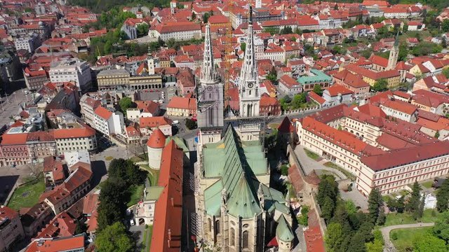 Zagreb Cathedral North Tower, damaged in Earthquake, preparing for controlled demolition by alpinists - Aerial Drone View