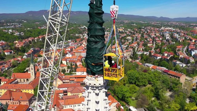 Zagreb Cathedral North Tower, damaged in Earthquake, preparing for controlled demolition by alpinists - Aerial Drone View