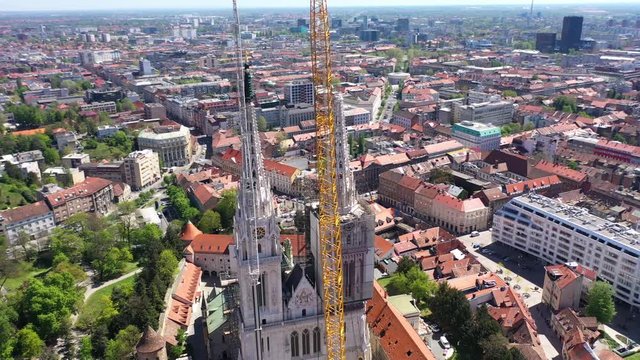 Zagreb Cathedral North Tower, damaged in Earthquake, preparing for controlled demolition by alpinists - Aerial Drone View
