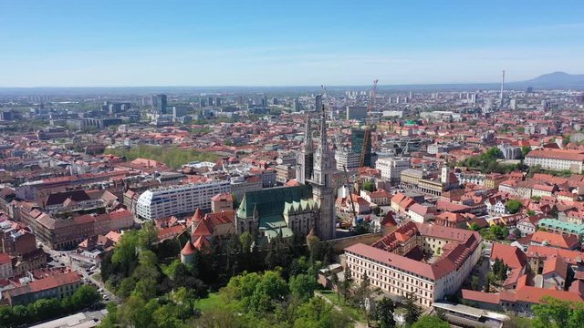 Zagreb Cathedral North Tower, damaged in Earthquake, preparing for controlled demolition by alpinists - Aerial Drone View