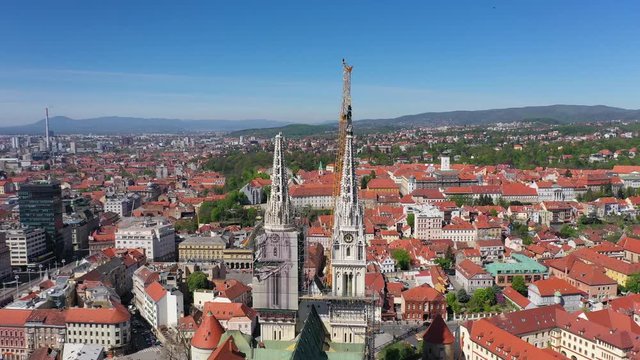 Zagreb Cathedral North Tower, damaged in Earthquake, preparing for controlled demolition by alpinists - Aerial Drone View