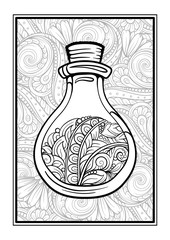 Bottle with magic healing potion on a tracery background. Black and white vector graphic. Antistress coloring page.