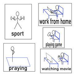 working on laptop, exercise, gym, sport, fitness training, watching movies, praying  at home. Stay positive and healthy. Isolation  coronavirus quarantine. Illustration set