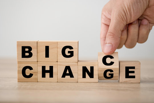 Hand flipping wooden cube block for big " Change" to big " Chance " wording. Economy  investment business crisis and technology transformation can make good chance.