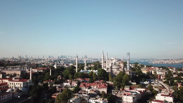 Aerial View of Istanbul, Blue Mosque and City Downtown in Skyline on Golden Hour Sunlight Under Clear Sky with Copy Space