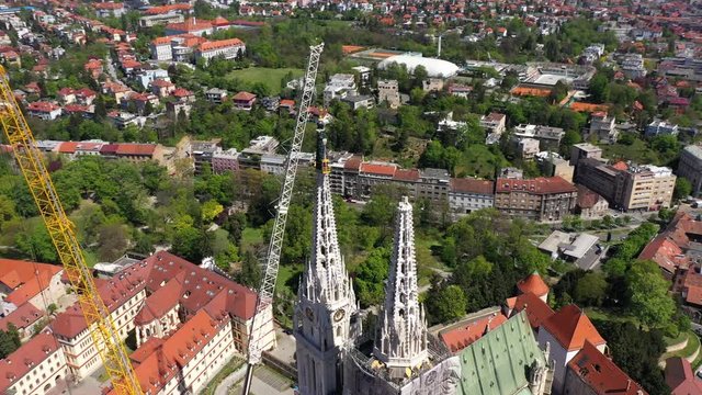 Zagreb Cathedral North Tower, damaged in Earthquake, preparing for controlled demolition by alpinists - Aerial Drone View