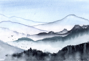Fototapety  Ręcznie rysowane akwarela góry mgła ilustracja